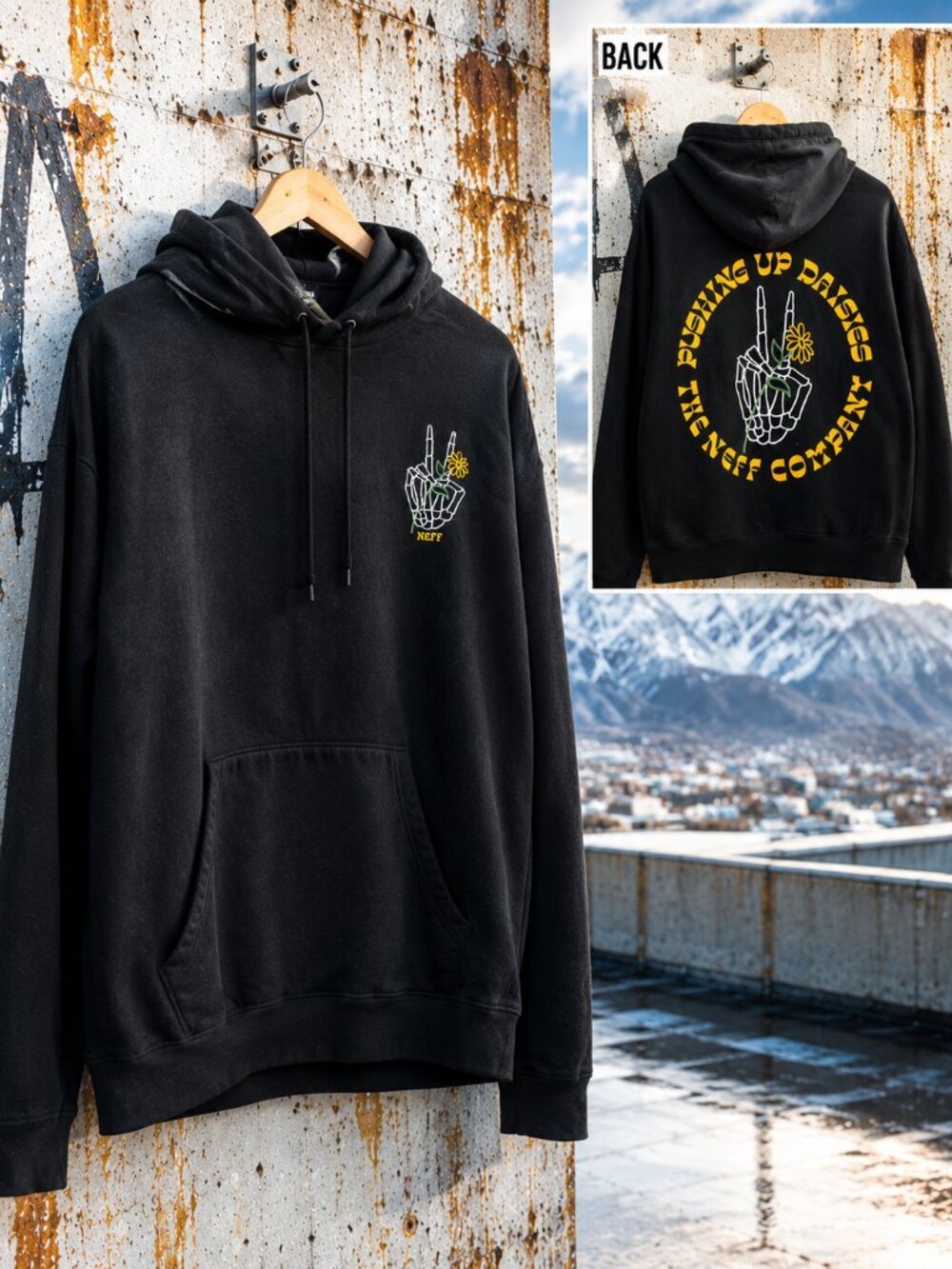 NEFF Pushing Up Daisies Hoodie Black Graphic Pullover Size Large